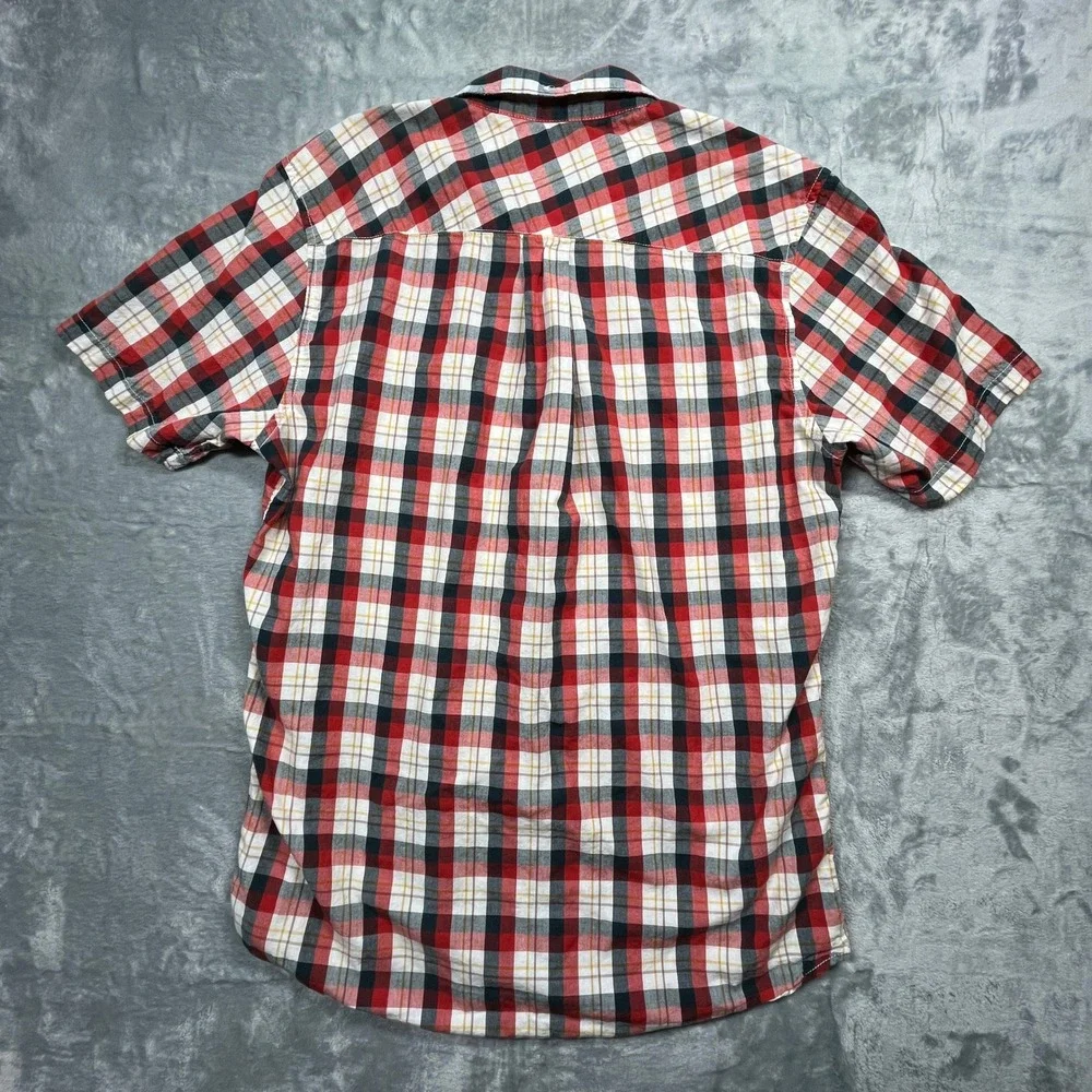 Quiksilver Plaid Button Up Shirt Mens Large Red White Black‎ Short Sleeve Surf